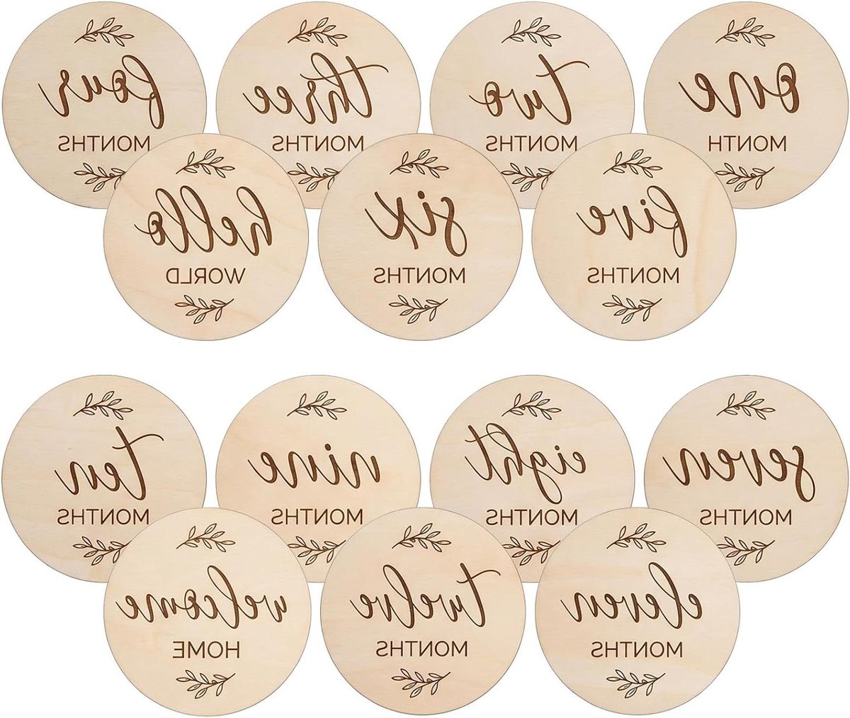 Houten Baby Mijlpaalkaarten - Baby Maandkaarten - Babyfoto's Maken - Dubbelzijdig Ontwerp - 10 cm Diameter - Houtkleur