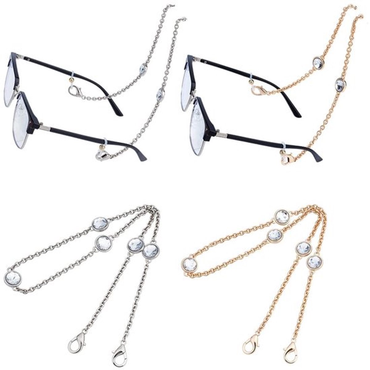 Brillenketting stijlvolle decoratie - Brilhouder om de hals - Platina/goud - 2 stuks - Strassteentjes - Modieuze accessoires - Brilkoord