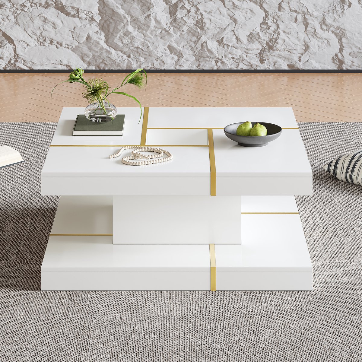 Pugsdrly Tweelaagse salontafel van spaanplaat, vierkant met gouden metalen afwerking, uitsparing in het midden, getrapt ontwerp voor de woonkamer