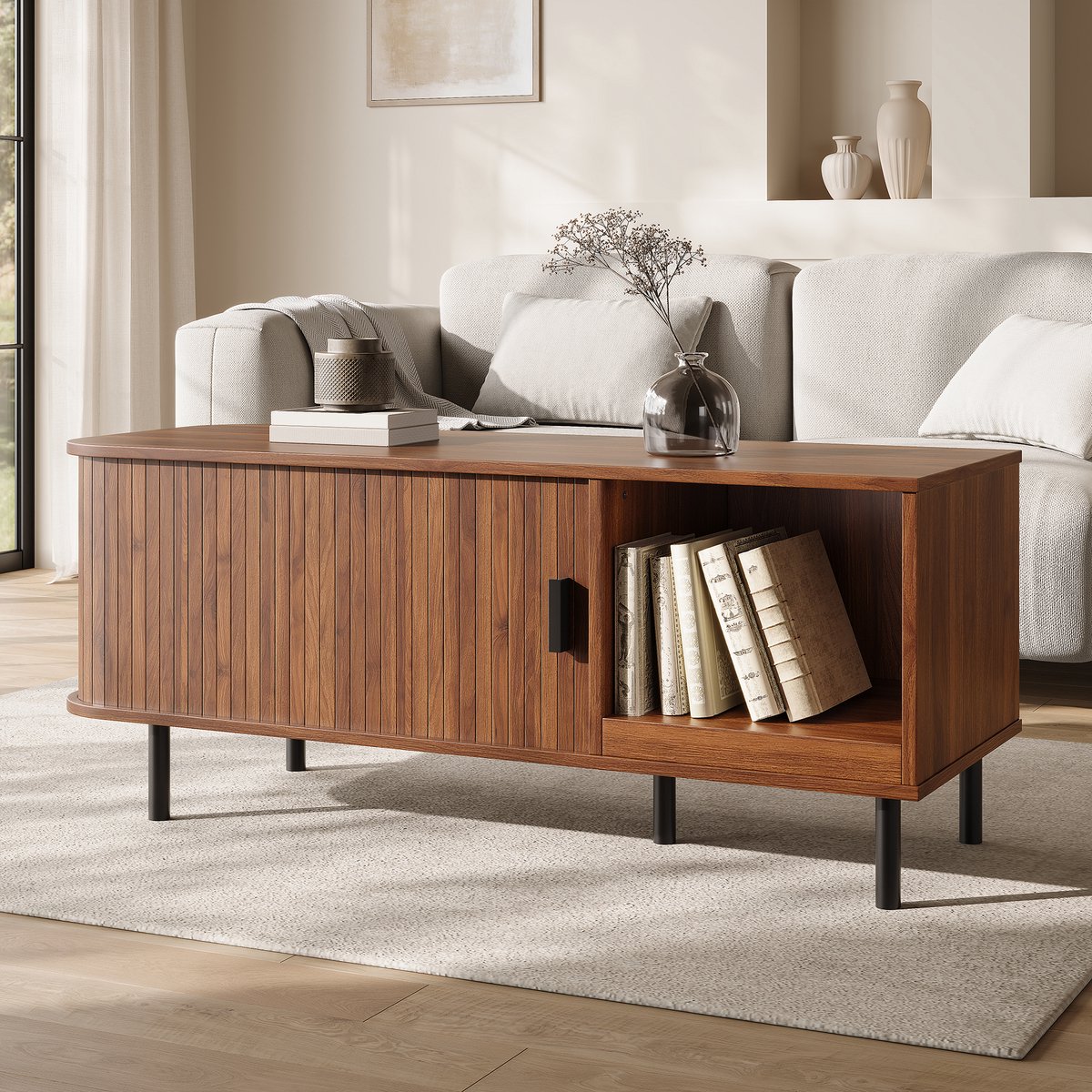 Pugsdrly Salontafel met schuifdeur, moderne salontafel met opbergruimte, rechthoekige salontafel met lamellenlook, bijzettafel met open opbergvak voor in de woonkamer