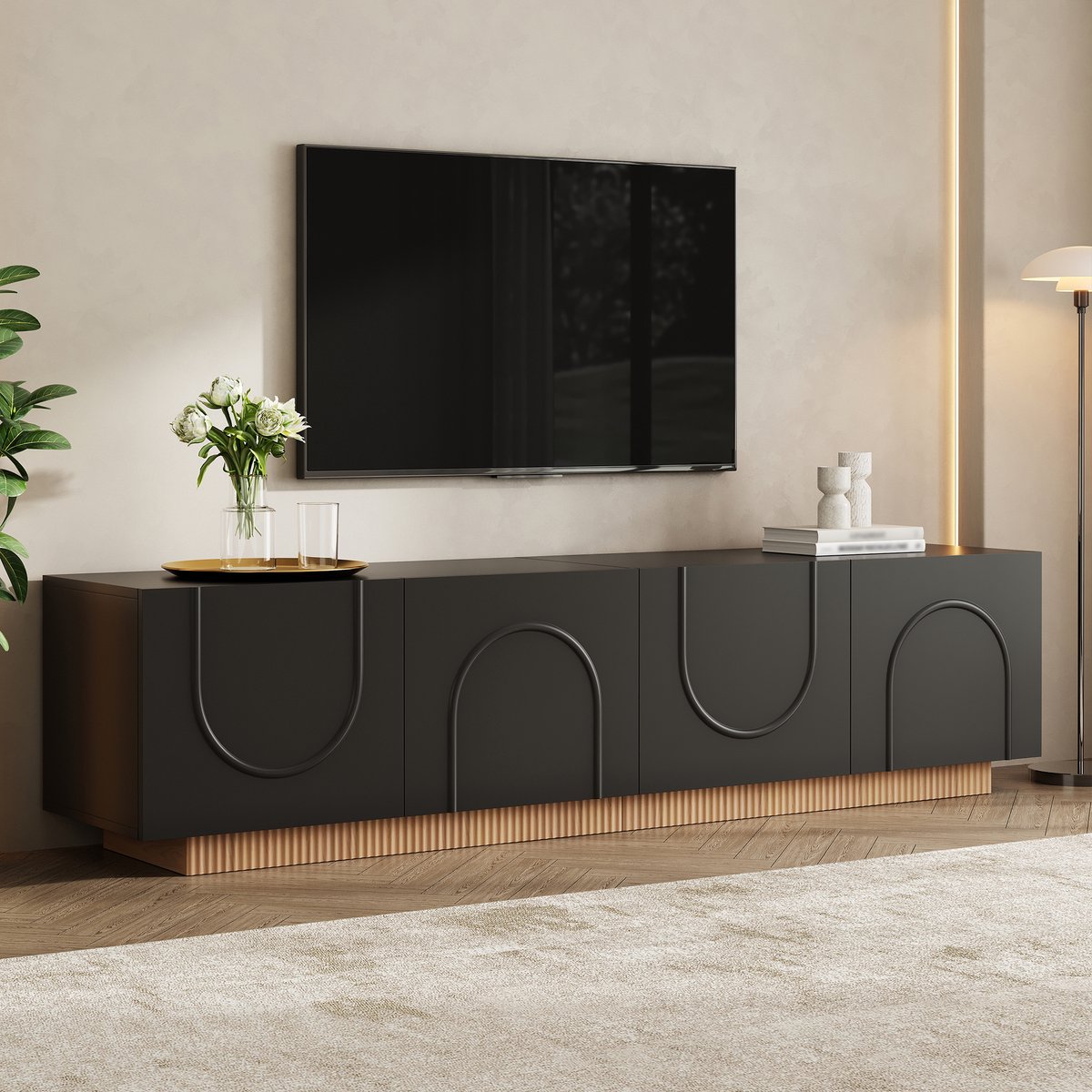 Pugsdrly tv-kast, moderne tv-lowboard, tv-tafel voor de woonkamer met deuren, modern design dressoir met opbergruimte, kast met gebogen voorkant