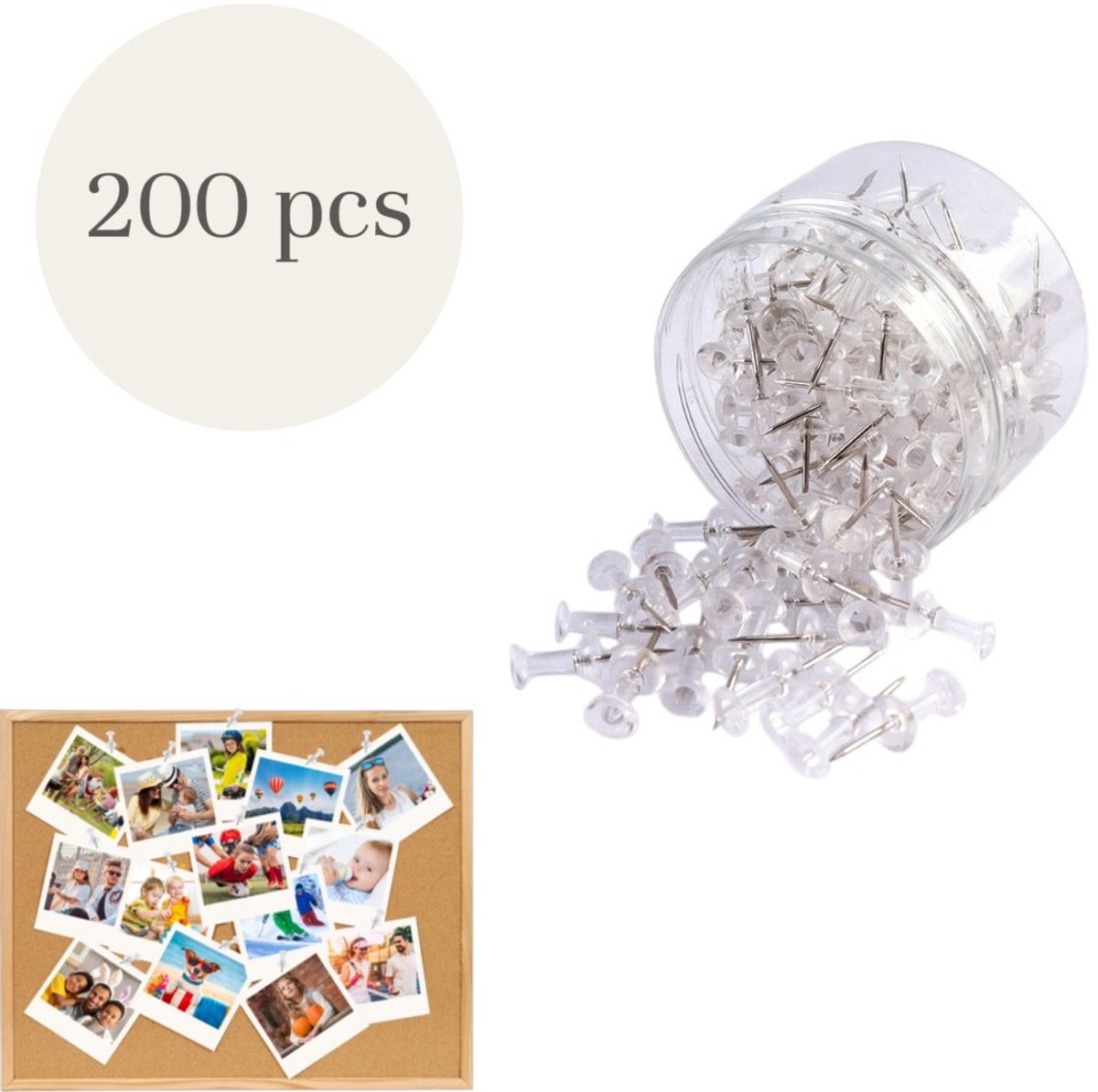 200 stuks - Transparante punaises - Kantoorpunaises - Metalen punten met doorzichtige plastic kopjes - Geschikt voor prikborden, kurkborden en wandbekleding - 0,7 x 2,3 cm