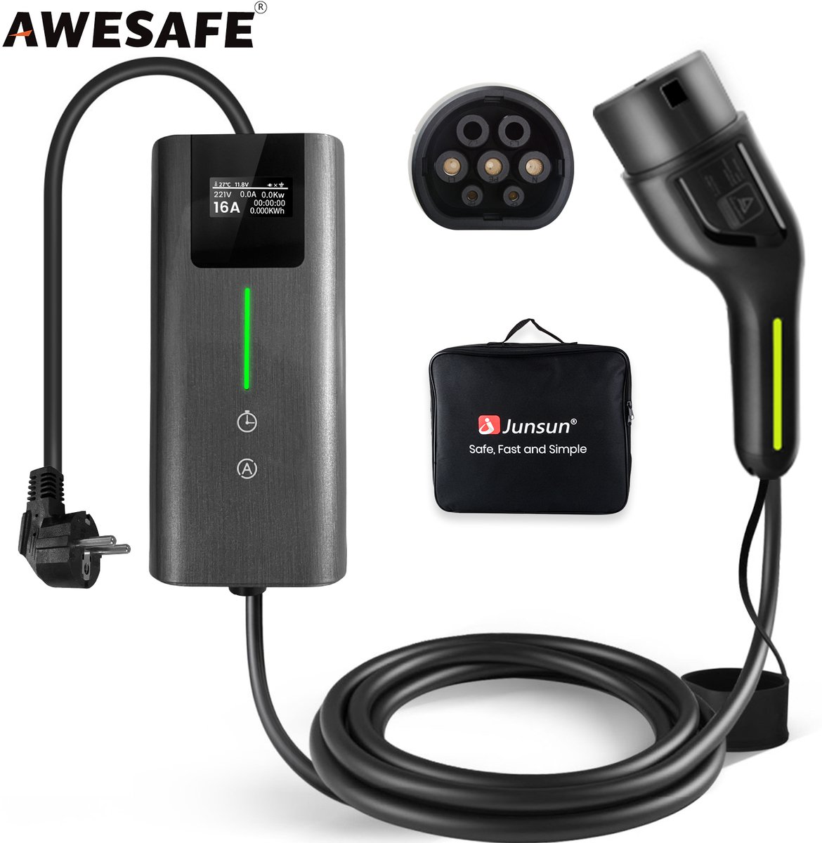 Awesafe Laadkabel Auto - Huishoudelijk Schuko stekker oplaadpistool - EV-Lader Type 2 - Geschikt Voor Elektrische Auto - 3.5 kW - Waterdicht- 5M - 6A/8A/10A/13A/16A Schakelbaar - Met handtas - Zwart