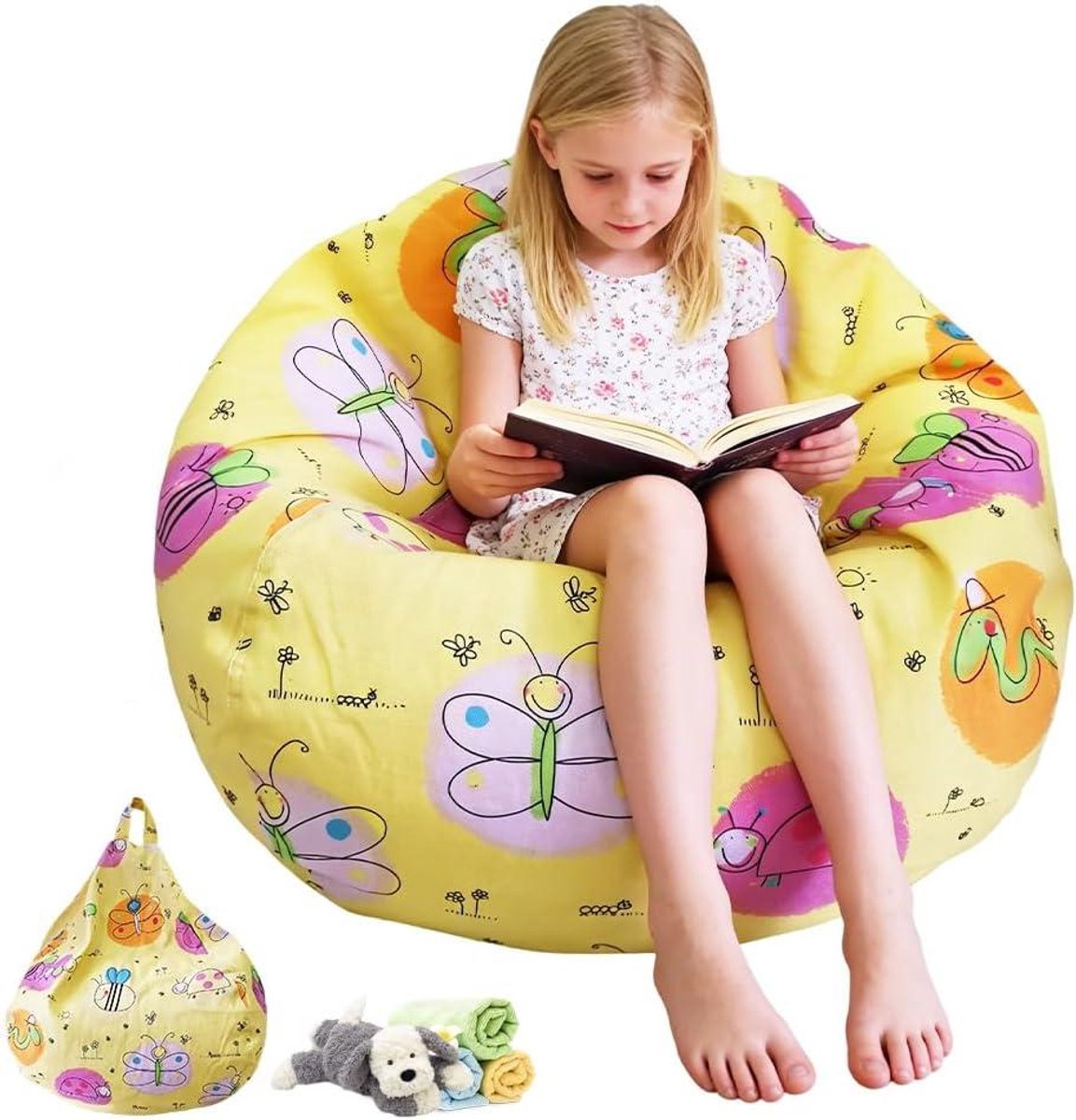 Zitzakhoes Speelgoedopslag - Knuffeldier Opbergtas - Kinderkamer Organiseren - 2-in-1 Zitzak Stoel - 70 x 80 cm - Vlinder