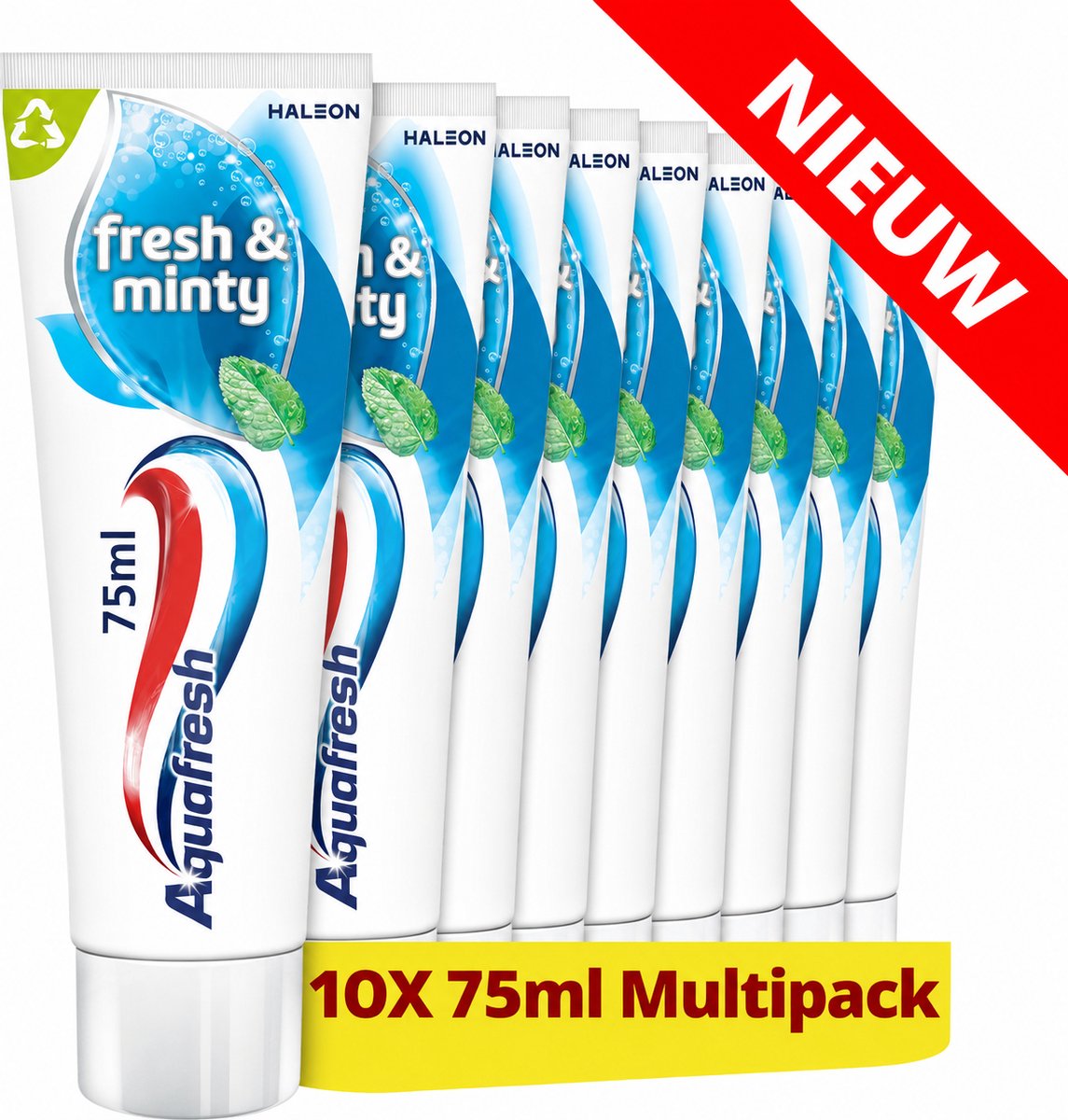 Aquafresh Fresh & Minty 3-in-1 - Tandpasta - Sterke Tanden & Gezond Tandvlees - Frisse Adem - Bevat Fluoride - Frisse Muntsmaak - Voordeelverpakking 10 x 75ml
