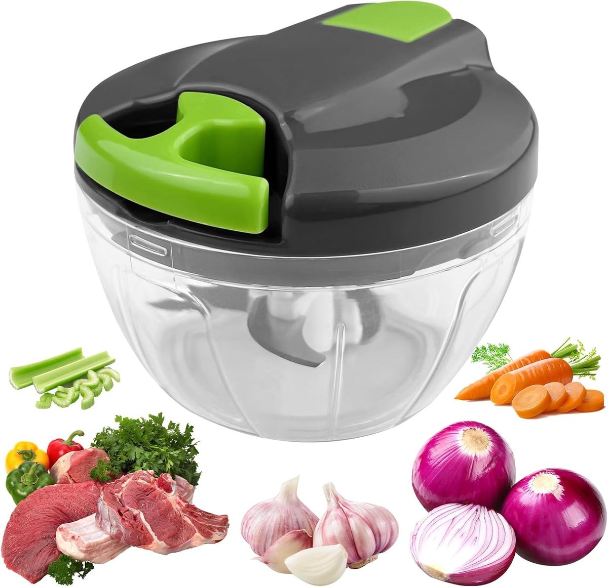 Groentesnijder - Groen - 520 ml - Handmatige Uienhakmachine met 3 Roestvrijstalen Messen - Voor in de Keuken