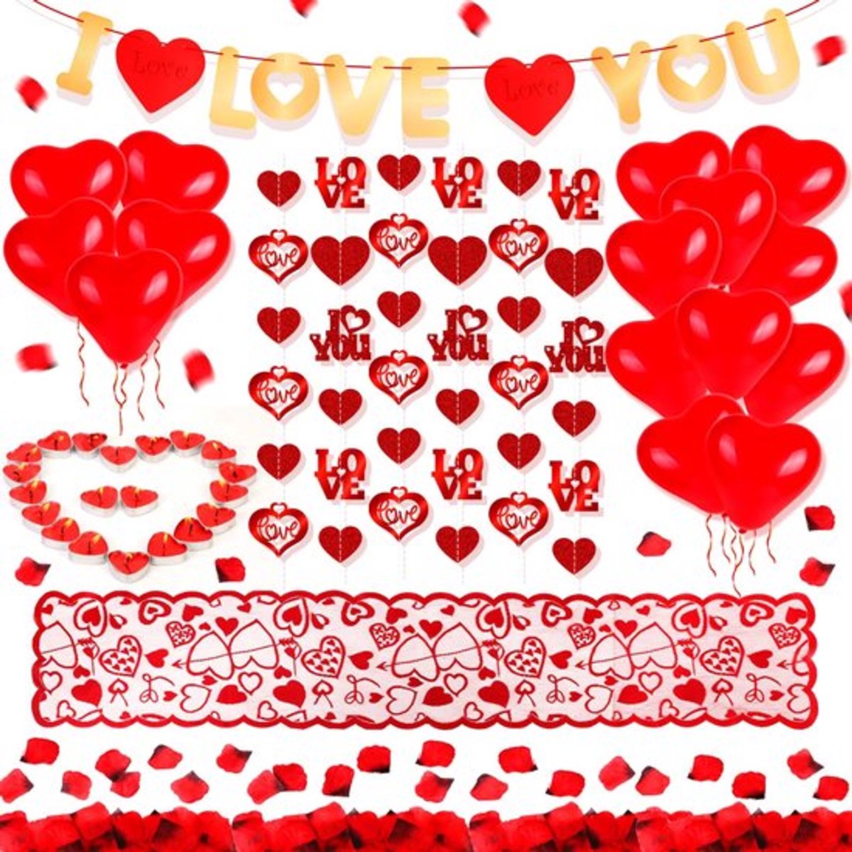 Valentijnsdecoraties - Rode Hartballonnen - Hart Slinger Banner - Hart Kaarsen - Nep Rozenblaadjes - Tafelloper 50 Stuks - Romantische Decoraties