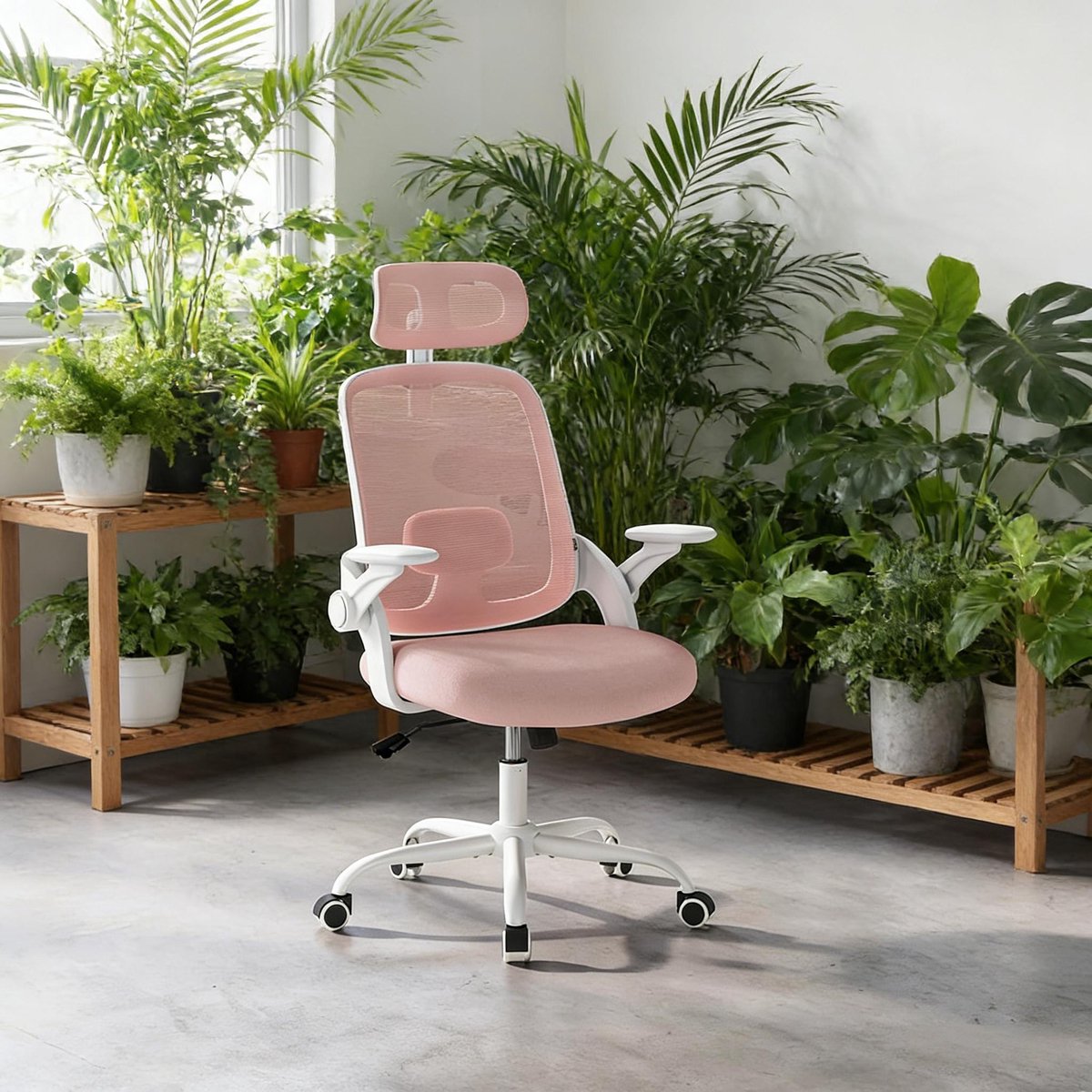 COVREO Bureaustoel 63,5x47x117,5 cm roze mesh, verstelbare hoofdsteun