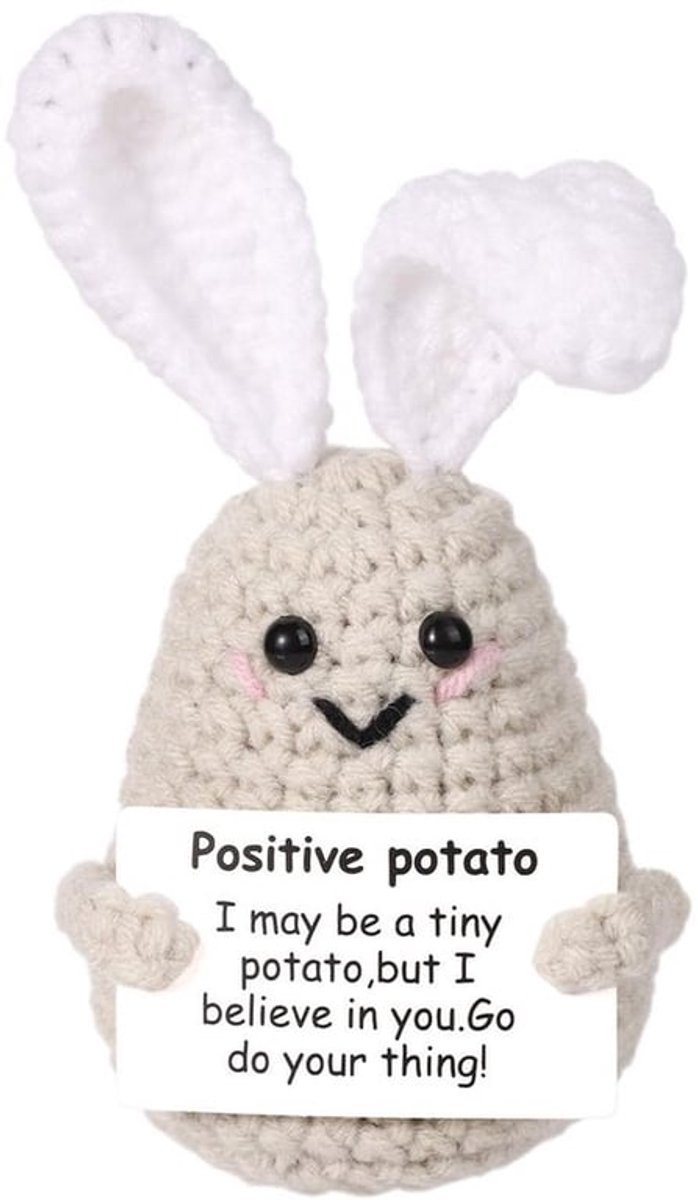Poppenspeelgoed - Positieve Aardappel met Konijnenoren - 12,5 cm - Wolgaren - Inclusief Inspirerende Kaart - Paascadeau - Knuffel
