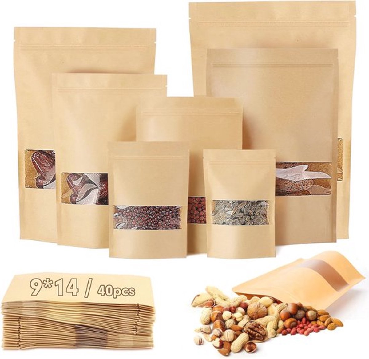 40 Stuks Herbruikbare Kraftpapieren Zakjes met Venster - Afsluitbare Snackzakken voor Koekjes, Noten, Koffie en Snoep - 9 x 14 cm