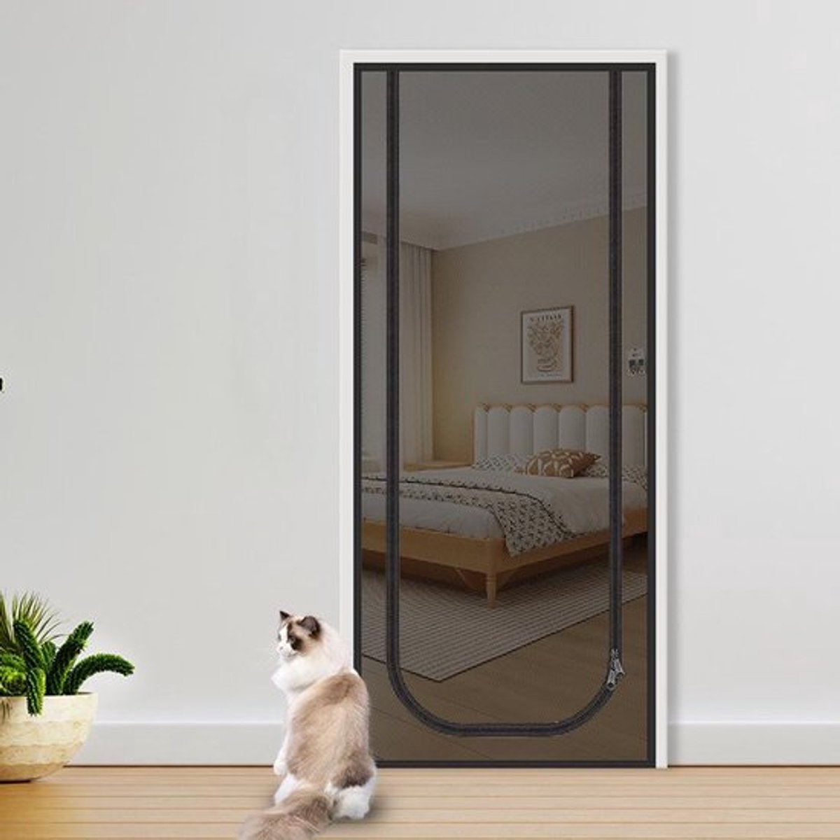 Versterkte kattenhordeur, zachte hordeur met rits, anti-diefstal deur, anti-muggen, verdikt anti-kattengaas, geschikt voor woonkamer, keuken, slaapkamer, zwart,120x220cm