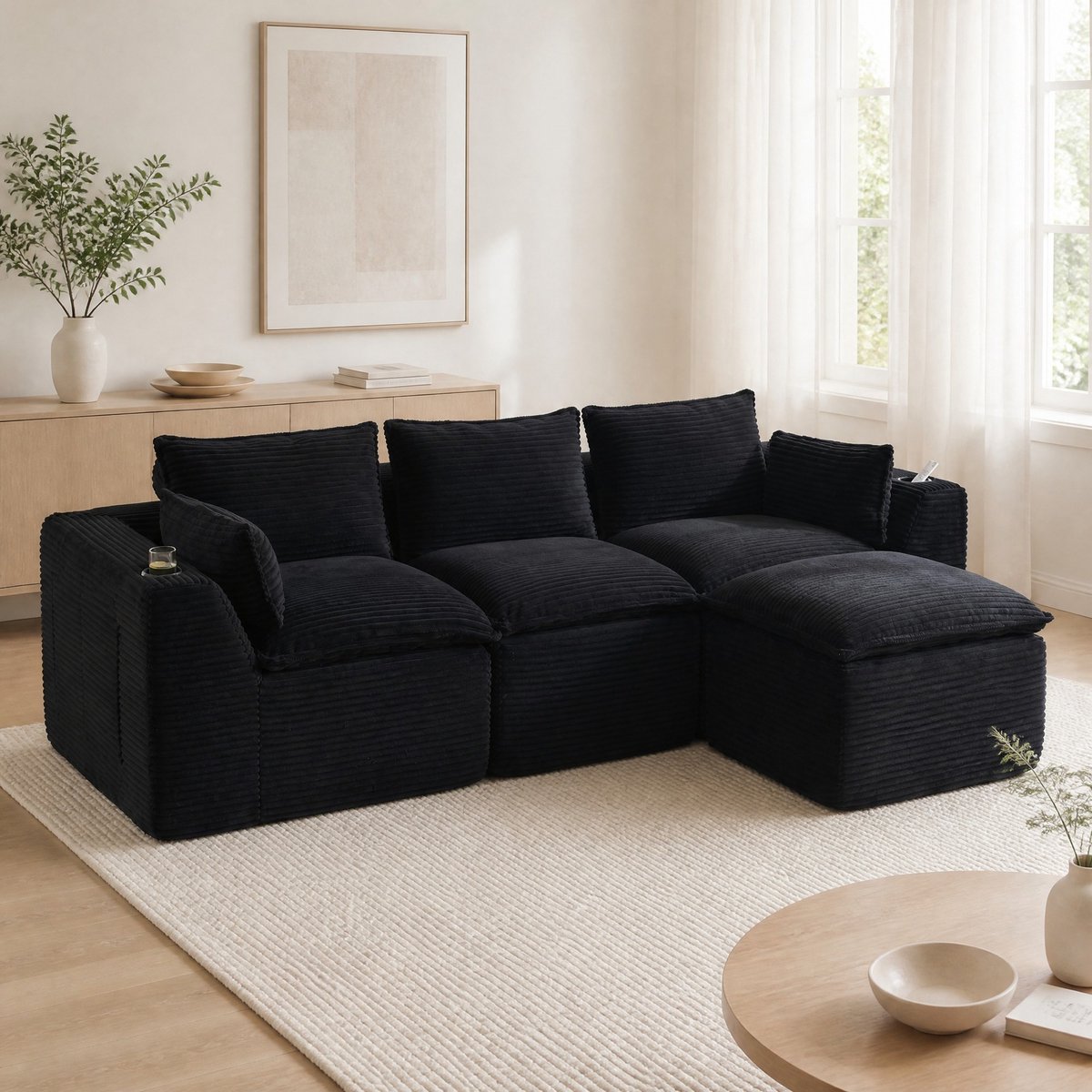Wishdor Modulaire 3-zitsbank met voetbank - Zwarte corduroy - Inclusief kussens, bekerhouder en 2 zijvakken - 256 x 161 x 75 cm