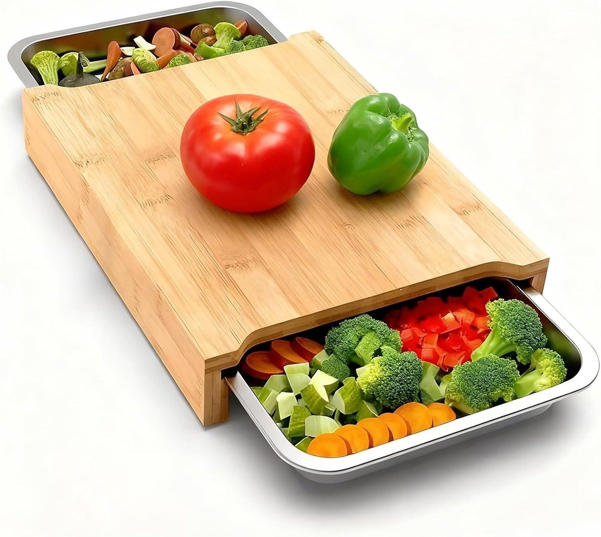 Snijplank met Glijdende Roestvrijstalen Trays - Hout - 40,5 x 29 x 3,2 cm - Bamboe Snijplank voor Voedselbereiding