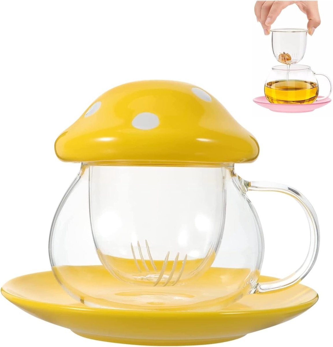 Mushroom Mok met Deksel en Onderzetter, 290 ml Gele Theekop met Zeef voor Thee en Koffie