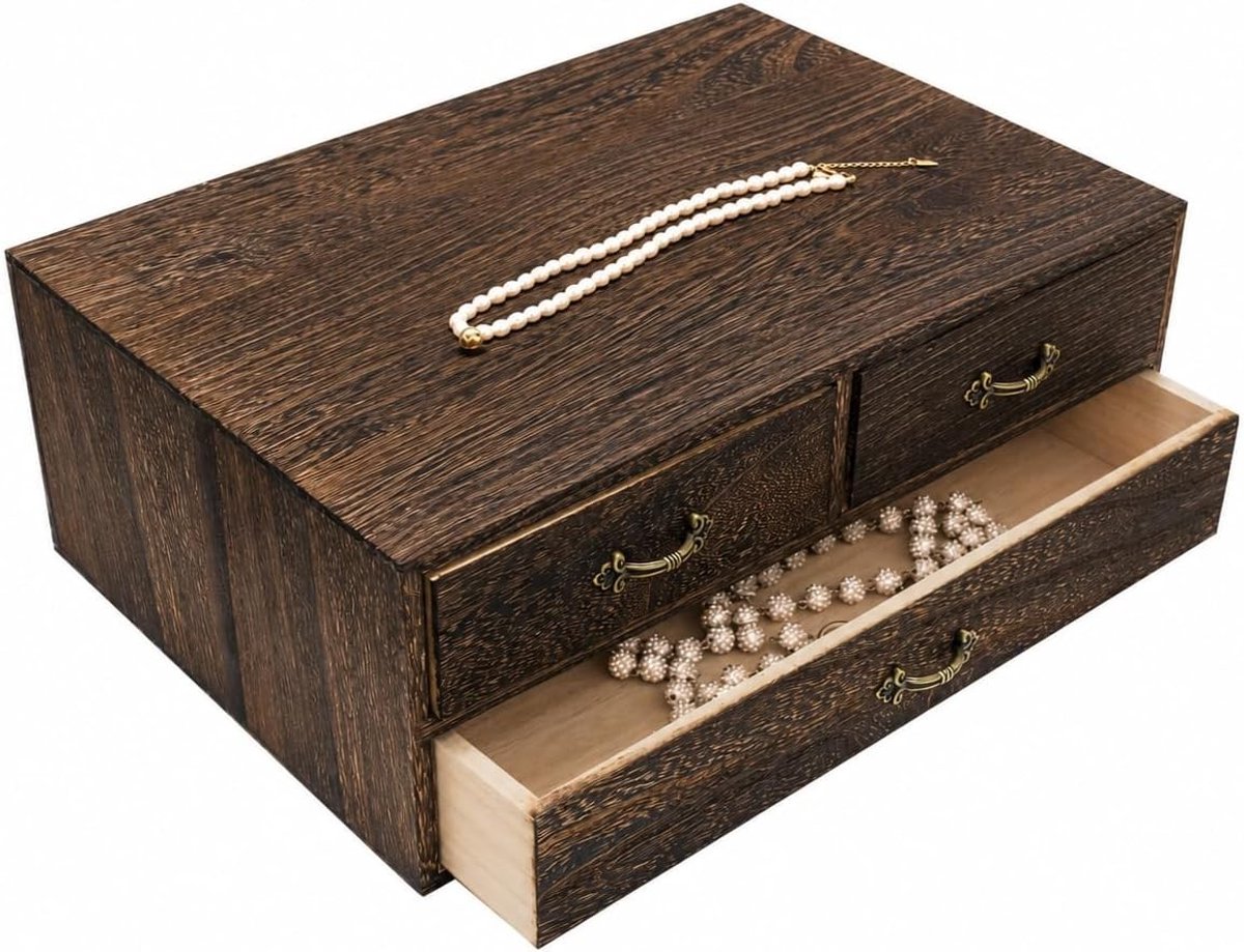 Houten opbergdoos met 2 verdiepingen en 3 laden, vintage bureau-organizer voor kantoor, naai-accessoires en sieradenopslag, ideaal voor thuisgebruik