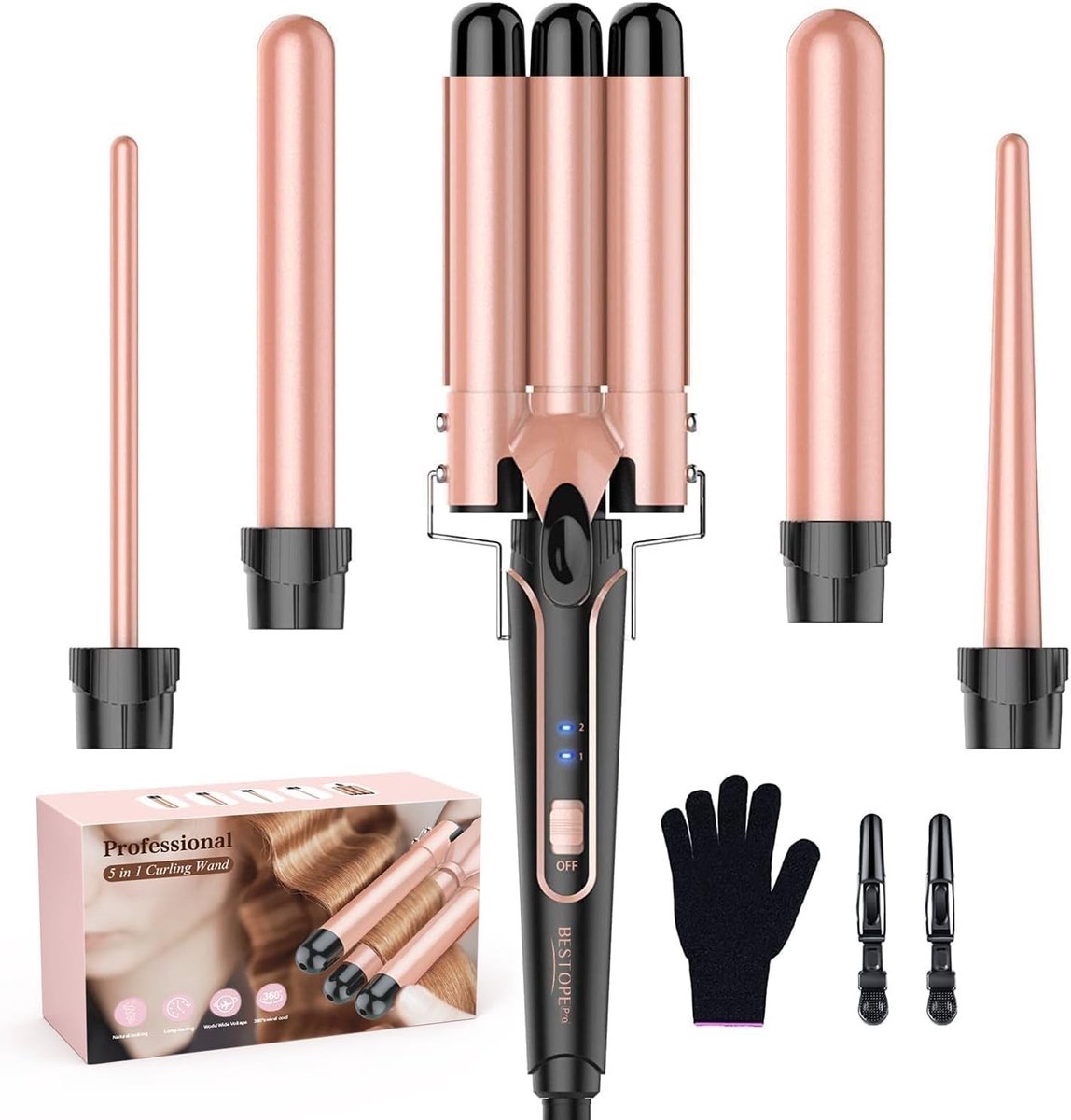 Wafeltang haar - Roségoud - 3 vaten - Keramische coating - 5-in-1 krultangset voor veelzijdige styling