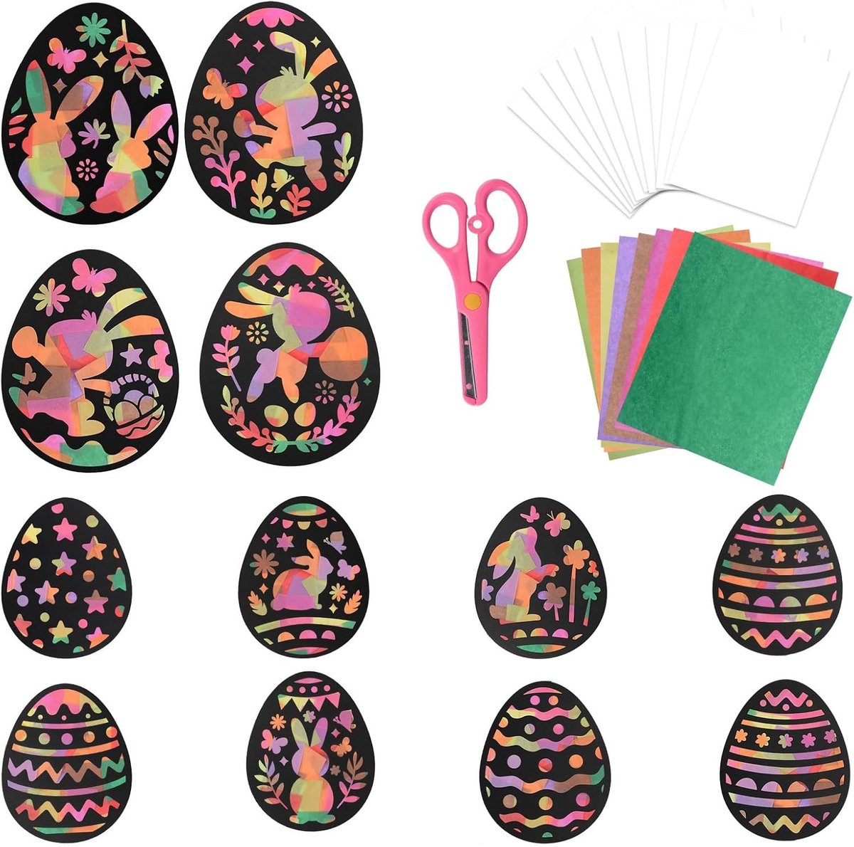 DIY Paasei Zonvangers, 24 Stuks Gevormde Kits voor Raamdecoratie, Creatieve Activiteiten en Feestversiering met Kleurrijk Tissuepapier