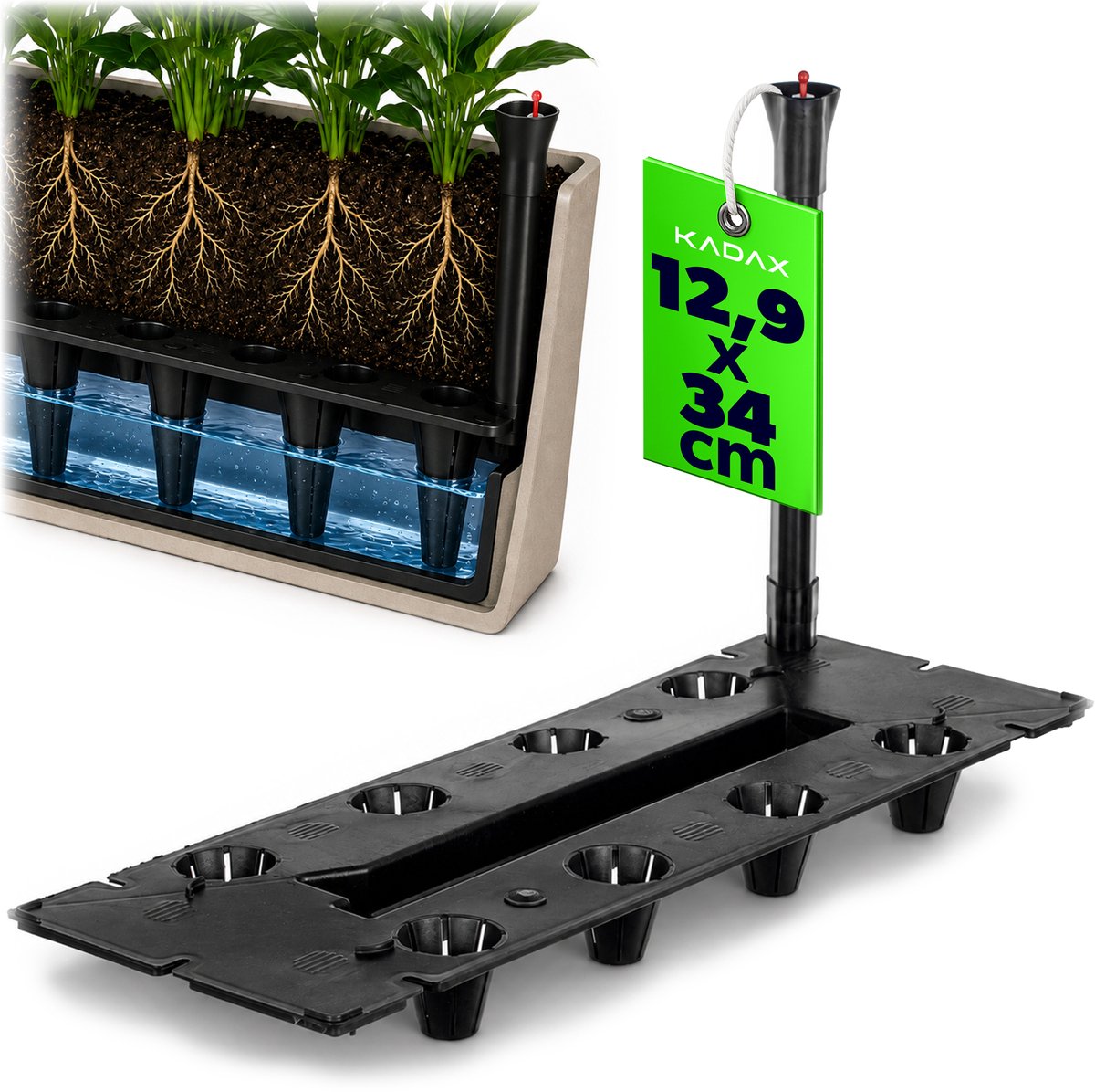 KADAX bloembak-irrigatiesysteem 34 x 13 x 20 cm, rechthoekig kunststof irrigatie-inzetstuk met waterpeilindicator, zelfirrigatiesysteem voor bloempotten, waterreservoir