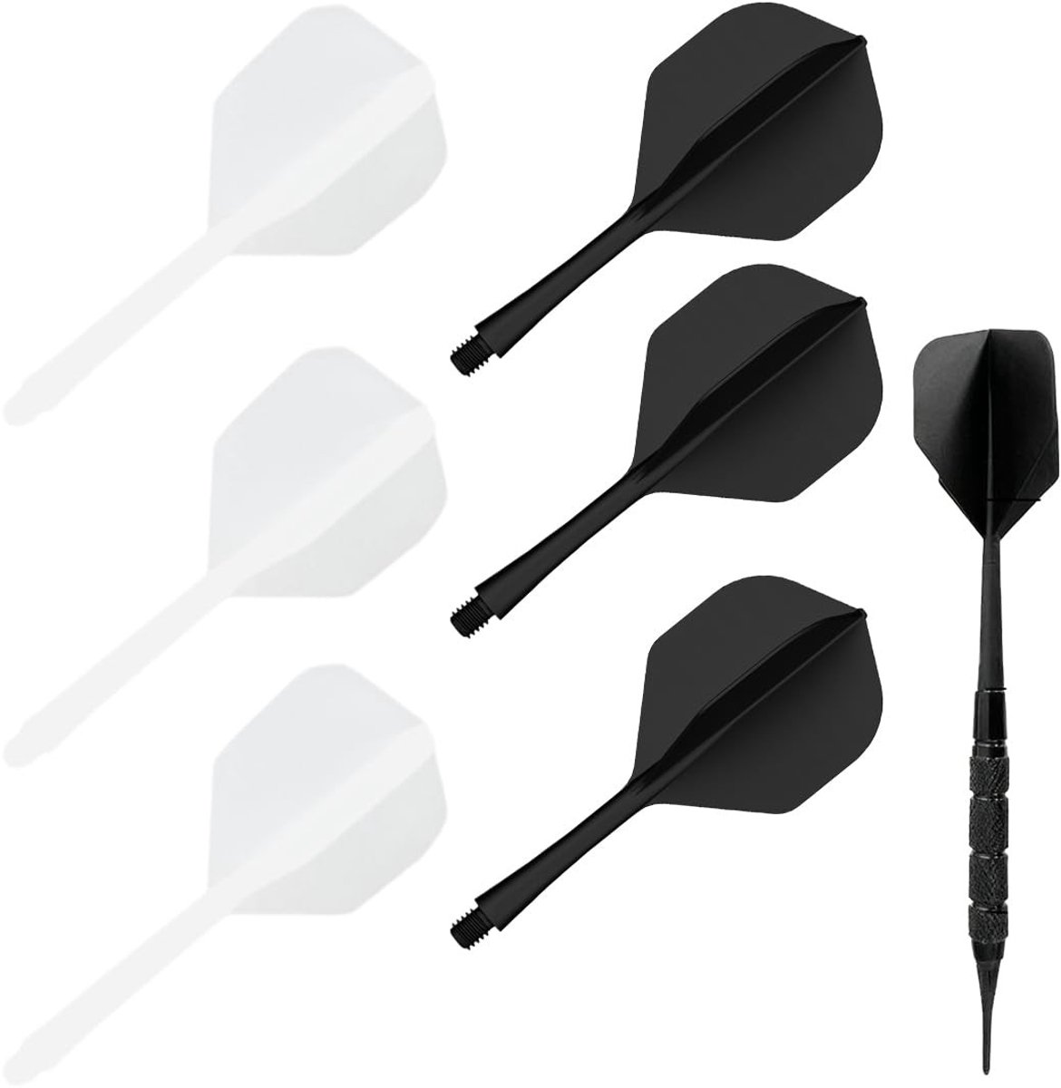 Stabiele dartaccessoires met geïntegreerde schachten en vaste flights - 6 stuks van plastic (zwart + wit) voor optimale prestaties