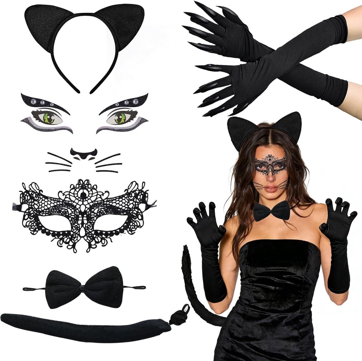 Schattige Kattenoren Haarband en Accessoires Set voor Dames - Inclusief Kattenstaart, Strik, Masker en Handschoenen voor Feestjes en Kostuums