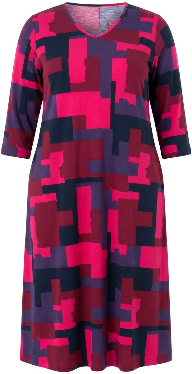 Ulla Popken - Dames - Maxi-jurk grafische print V-hals 3/4 mouwen zakken - Donker wijnrood - Maat 66+