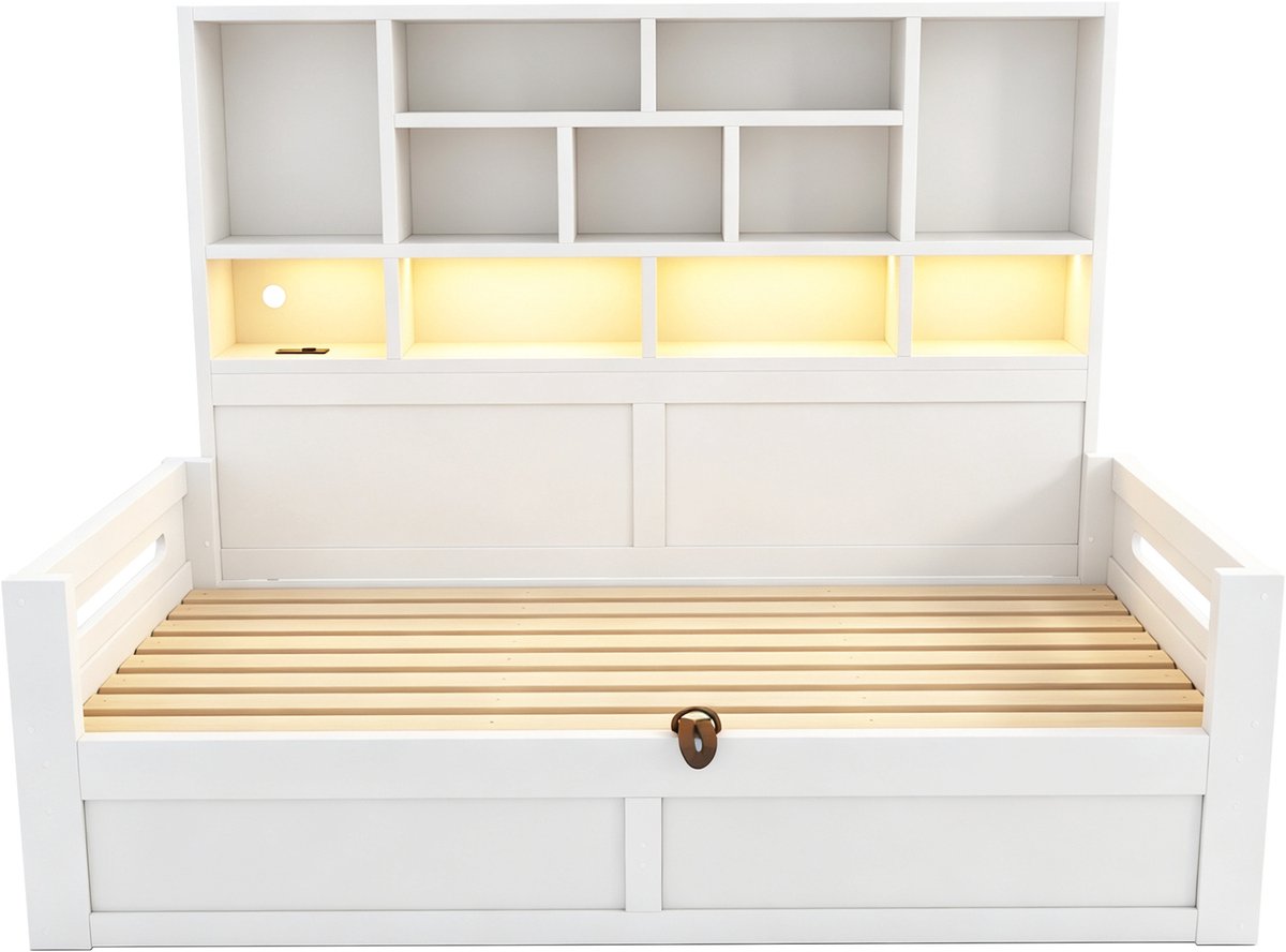 Wishdor Slaapbank 90 x 200 cm - opbergruimte - LED-verlichting - MDF - wit - eenpersoonsbed - hoofdbord met vakken - stekkerdoos
