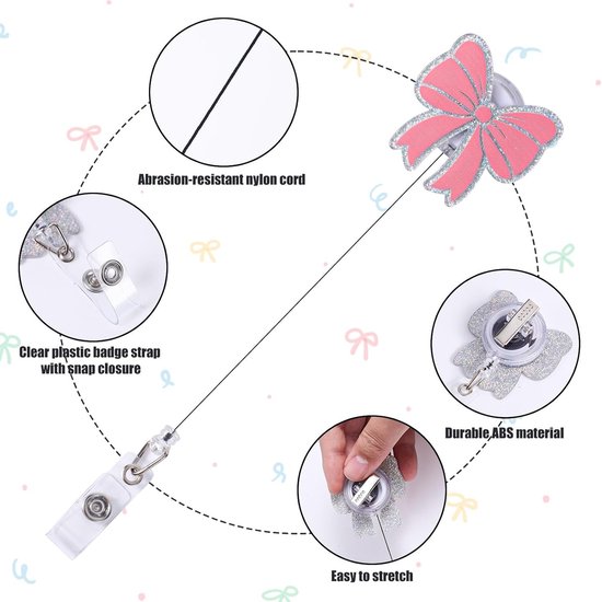Schattige Badge Reel met Roze Strik, Retractable ID Houder met Alligator Clip voor Verpleegkundigen, Medische Assistenten en Studenten Accessoires — afbeelding 2