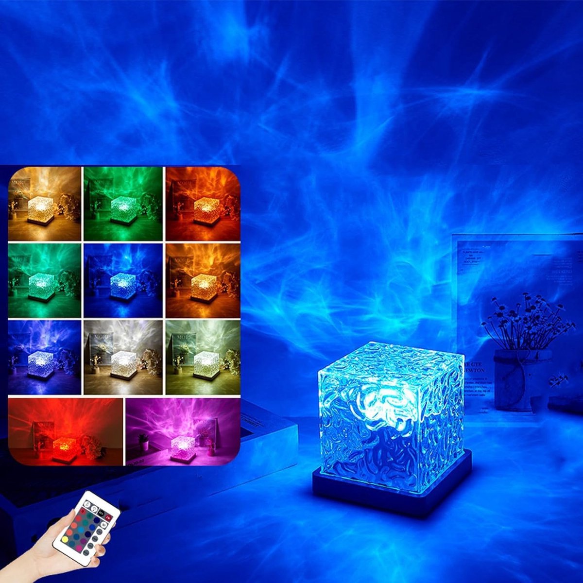 Noorderlicht Projector - Noorderlicht Projector - kubusvorm - met Touch- en Afstandsbediening - met 16 kleuren - Sfeer Verlichting - USB-opladen - met 3D-Effect - Ocean Projector - Crystal Lamp - Wave Lamp - Voor Slaapkamer, Restaurant & Thuis