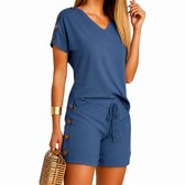 Moderne Zomer Outfit Dames - 2 delig - Korte Broek en Shirt - Knoopdetails - Blauw