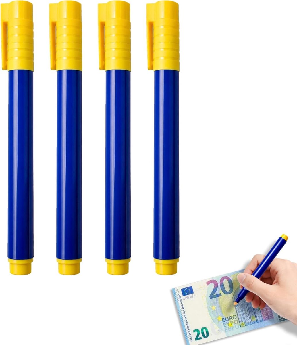 4 Stuks Blauwe Valsegeld Detectiepennen voor Authentieke Controle van Diverse Valuta's zoals Euro's, Dollars en Yen