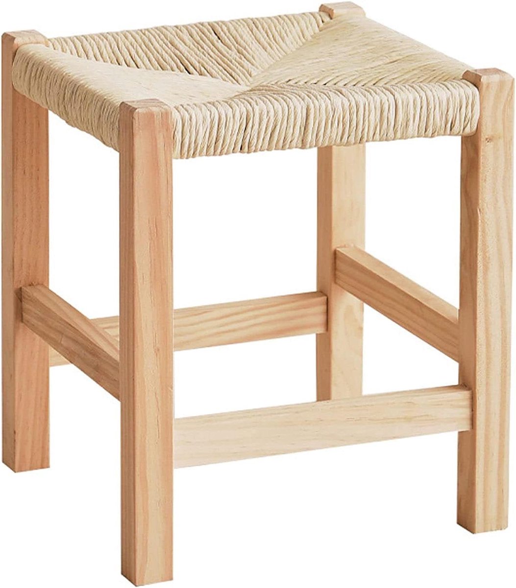 Rotan Kruk - Voetenbankje Hocker - Ontspannen Zitten - Massief Houten Frame - 30x30x35 cm - Natuurlijk