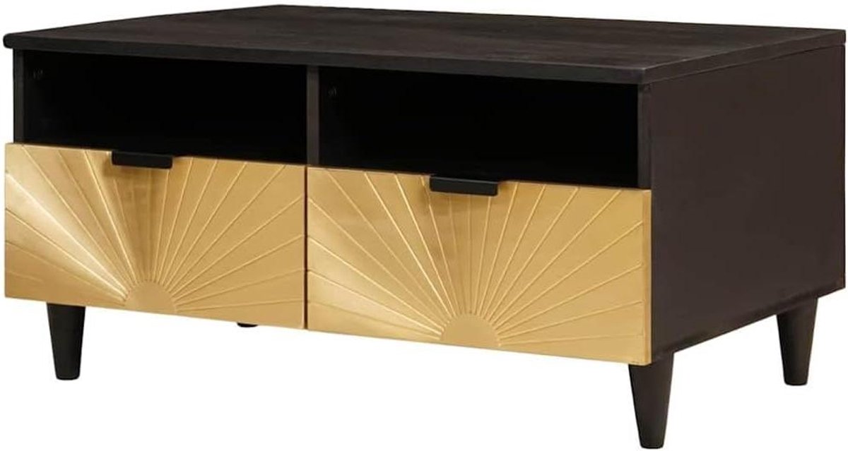 Massief Houten Salontafel - Bijzettafel Mango - Woonkamer Opbergen - Met Lade en Gouden Accenten