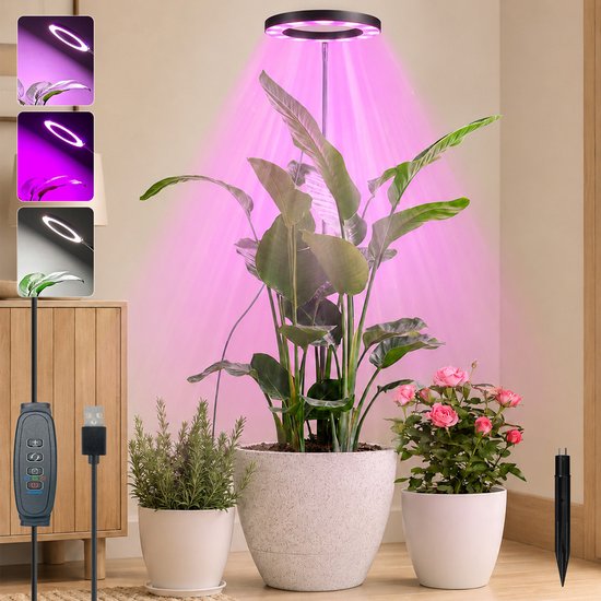 Rosnek LED Kweeklamp - Full Spectrum Groeilamp voor Planten - Dimbare Ringlamp met Timer 3/9/12 uur - In Hoogte Verstelbare Plantenlamp voor Grote en Kleine Kamerplanten - USB - Zw