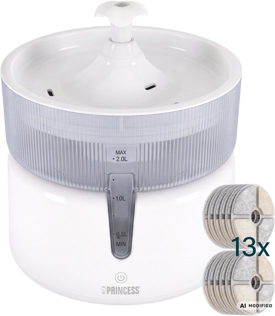 Witte Princess drinkfontein voor katten met een doorzichtige geribbelde rand en waterniveau-indicatie. Inclusief 13 filters.