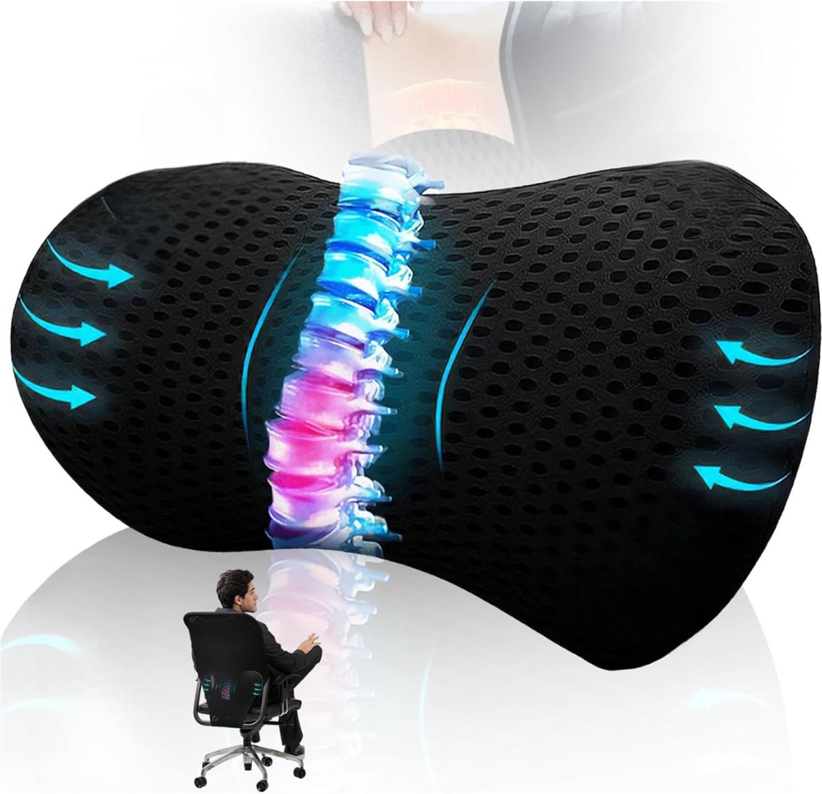 ZRNS® Lendekussen Auto - Ergonomisch Rugkussen - Steun Onderrug - Hoogwaardig Traagschuim - Zwart