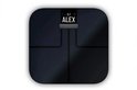 Zwarte Garmin Index S2 slimme weegschaal met display waarop ALEX staat.