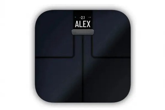 Zwarte Garmin Index S2 slimme weegschaal met display waarop ALEX staat.