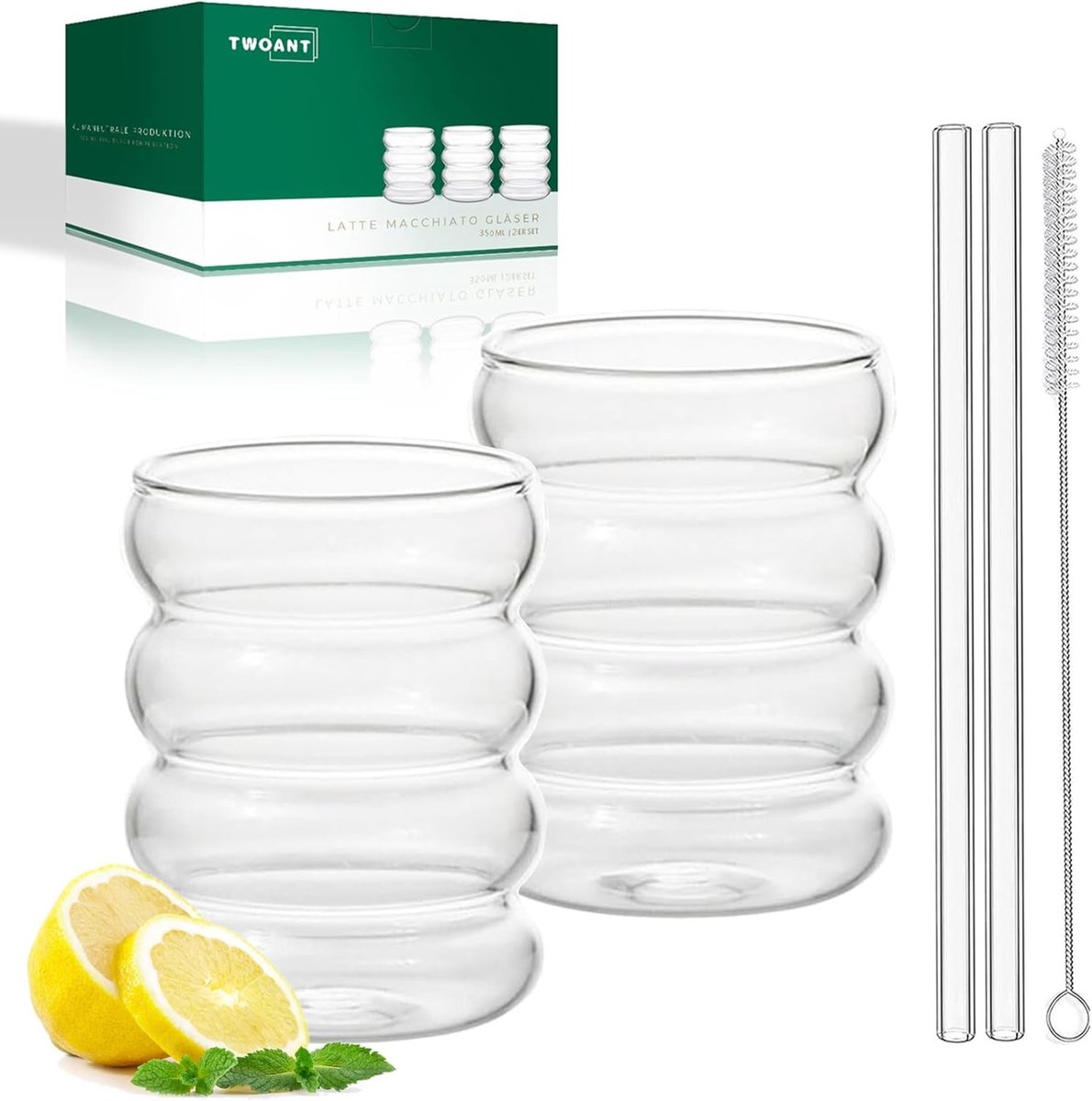 Ijskoffie glazen - Transparant - 2-pack 350 ml - Borosilicaatglas geribbelde drinkglazen - Voor Thuis en Horeca