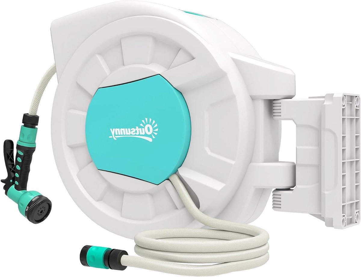 Tuinslanghaspel - Slangoproler water - Tuin water geven - Automatisch oprolmechanisme - 35 m - Lichtgrijs