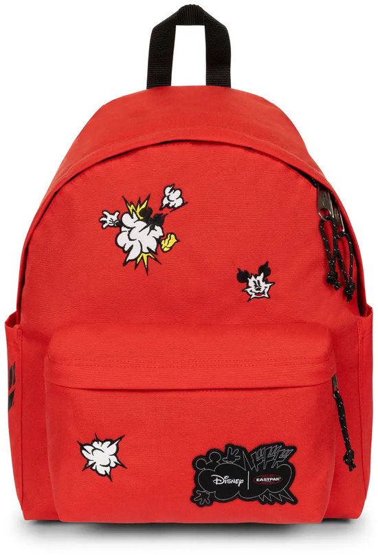 Rode Eastpak Day Pak'r rugzak met Mickey Patch-opdrukken.
