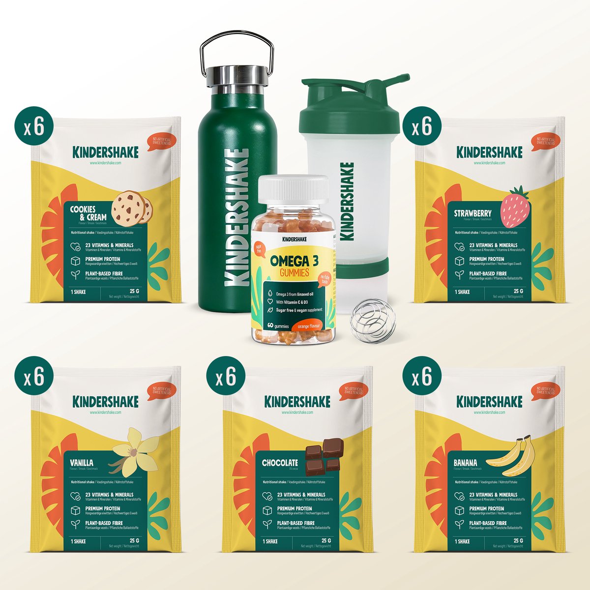 Kindershake proefpakket 30 Shakes + Shakebeker, Omega-3 Gummies & Waterfles