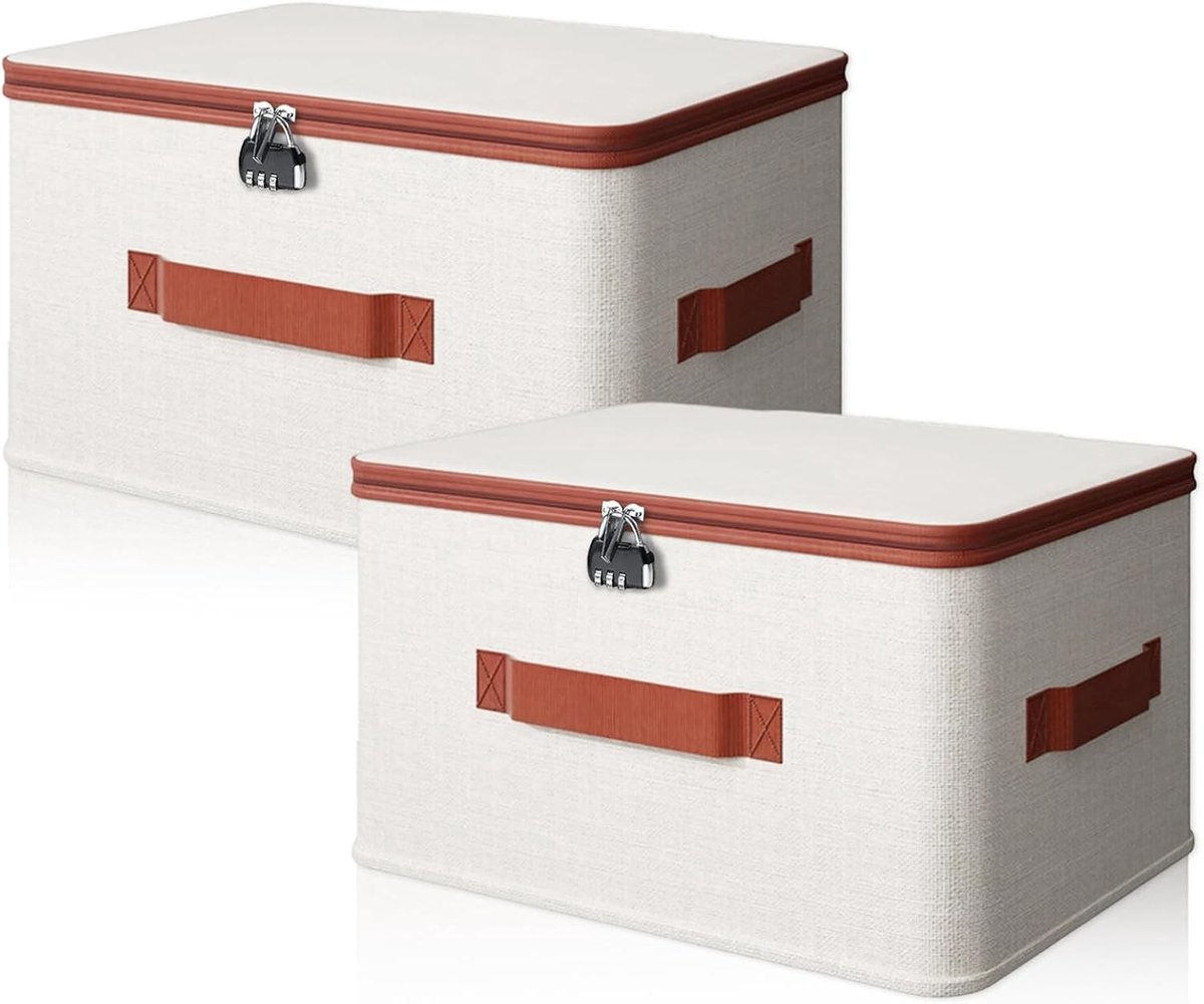 Set van 2 afsluitbare opbergdozen met deksel, stoffen opbergdozen met combinatie slot, ideaal voor speelgoed en kleding (40 x 30 x 21 cm)