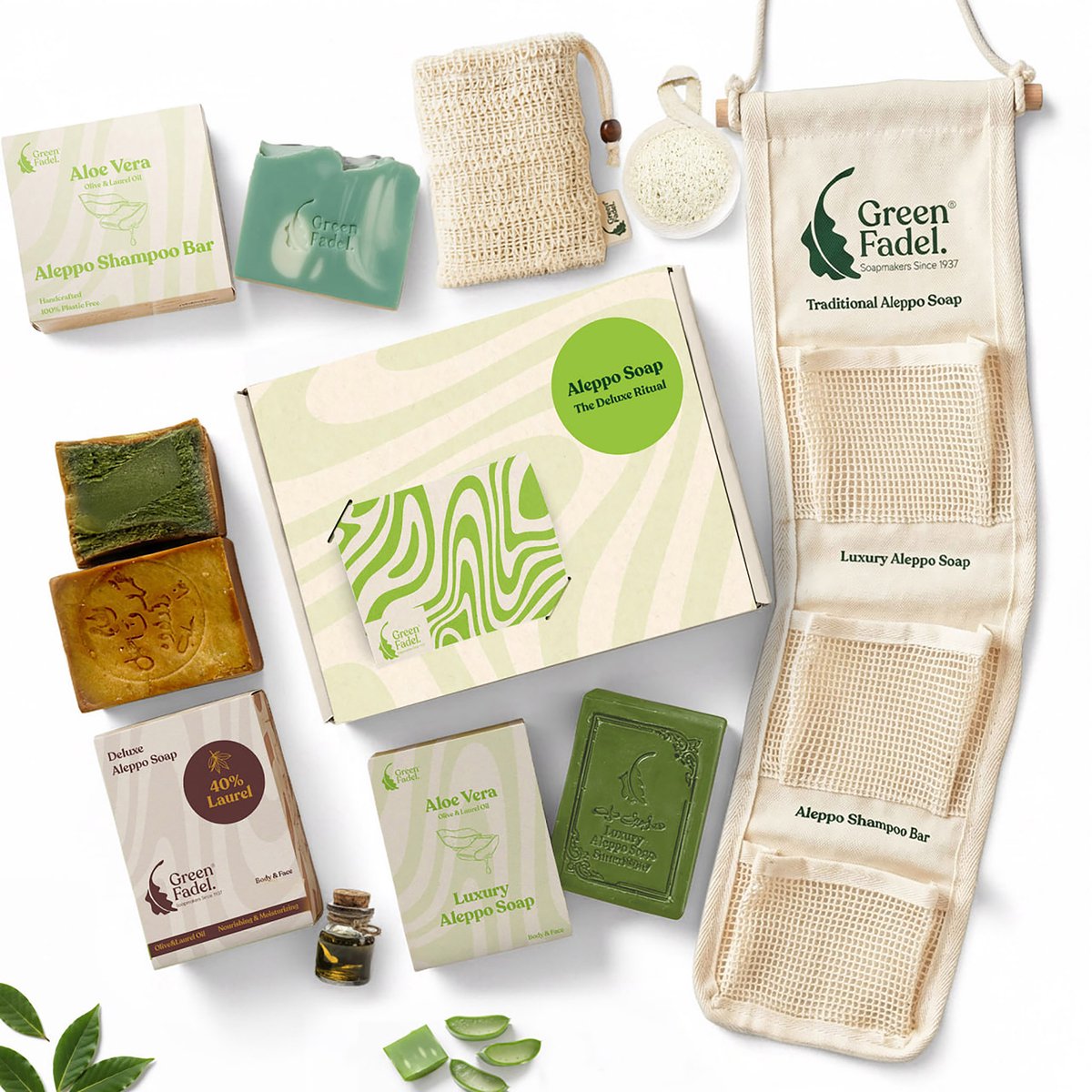 GREEN FADEL Aleppo Zeep Geschenkset Deluxe - 40% Laurierolie, Aloe Vera - Shampoo Bar, Luxury Zeep & Accessoires - Handgemaakt - Plasticvrij verpakt