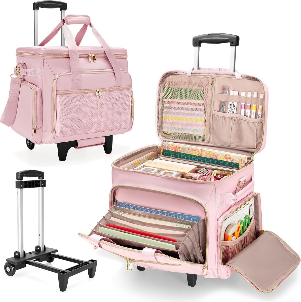 Ruimtesbesparende Scrapbook Tas met Wielen, Creatieve Opbergtas voor Kunstenaars en Leraren, Geschikt voor 15.6 inch Laptop met Meerdere Opbergvakken en 6 Voorvakjes