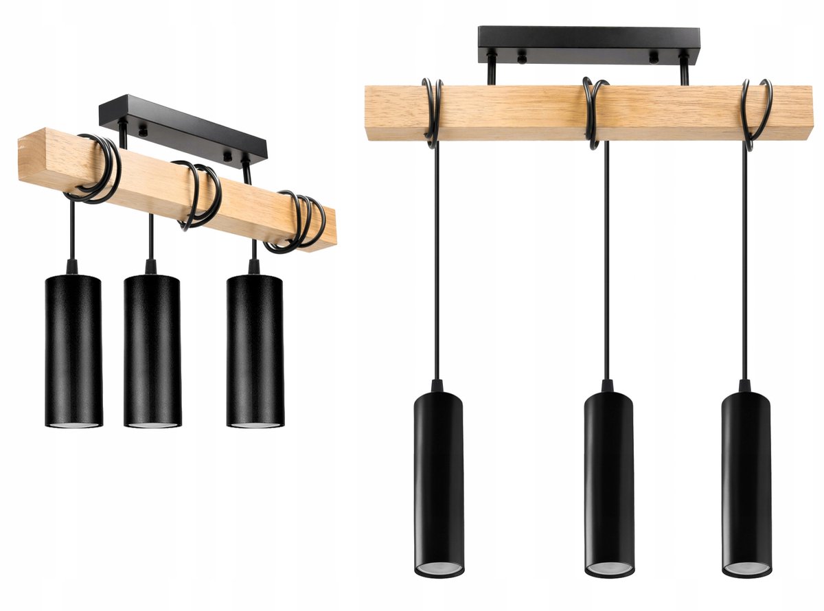 Houten Balk Hanglamp 3x GU10 Zwart Mat & Hout