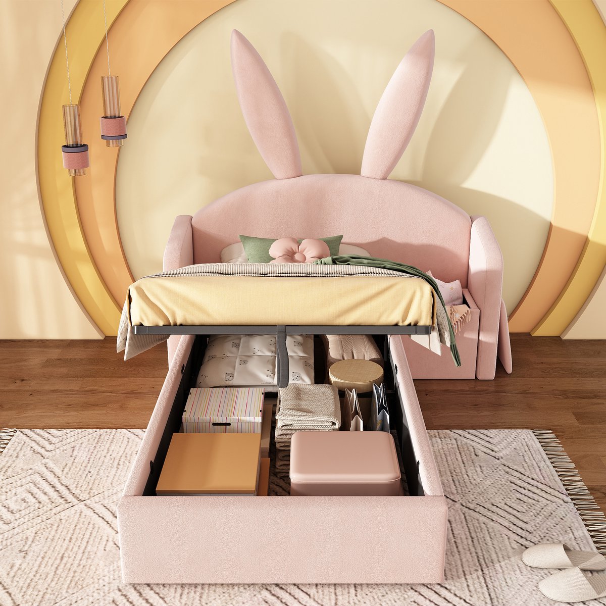 Wishdor Kinderbed 90x200 cm - Konijnenoren look - met opbergruimte en lattenbodem - zacht fluweel - roze - 216 x 149 x 143 cm