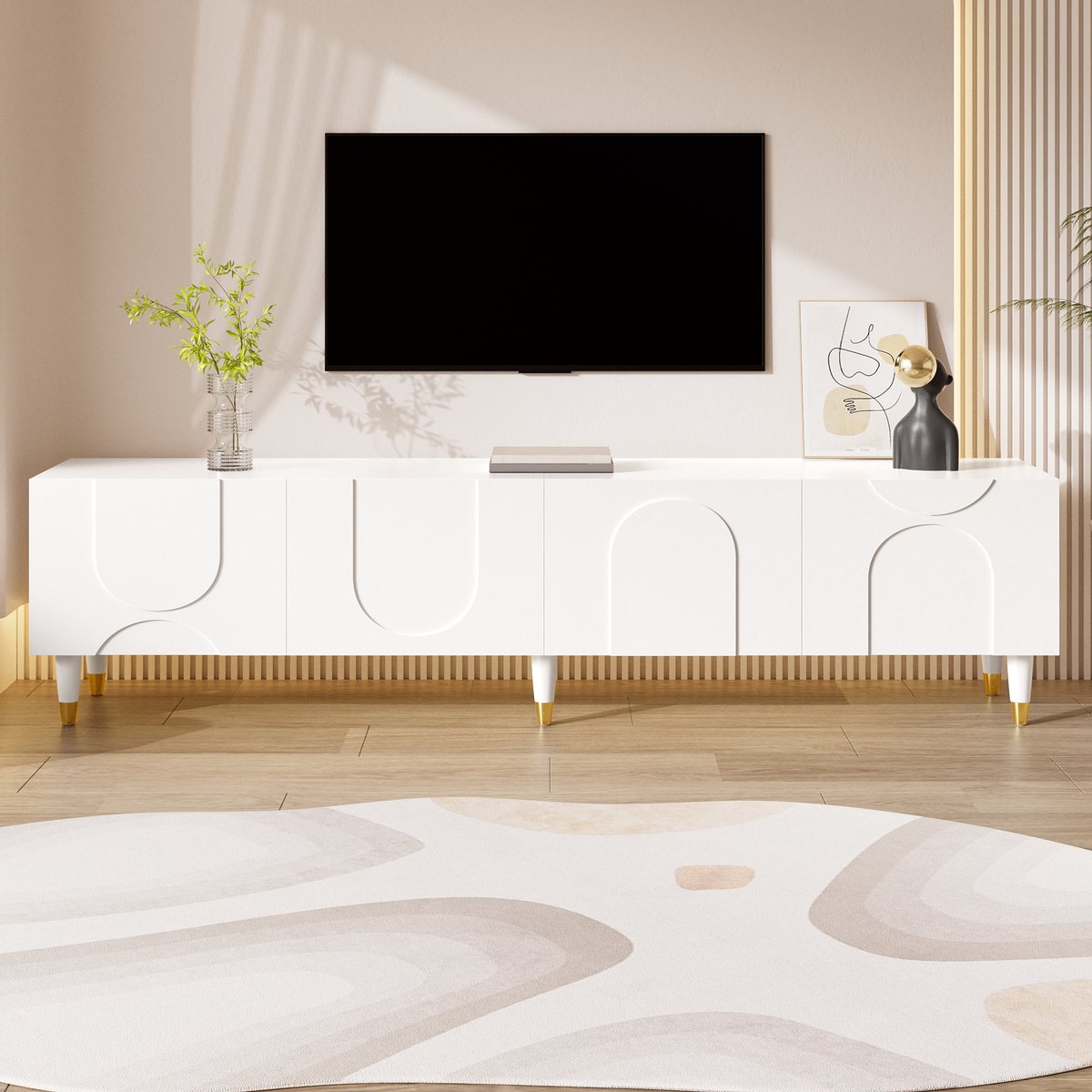 Wishdor Tv-meubel 180 cm - Asymmetrisch boogreliëf - 4 deuren - Opbergvakken - Kabeldoorvoer - Houten poten - Wit