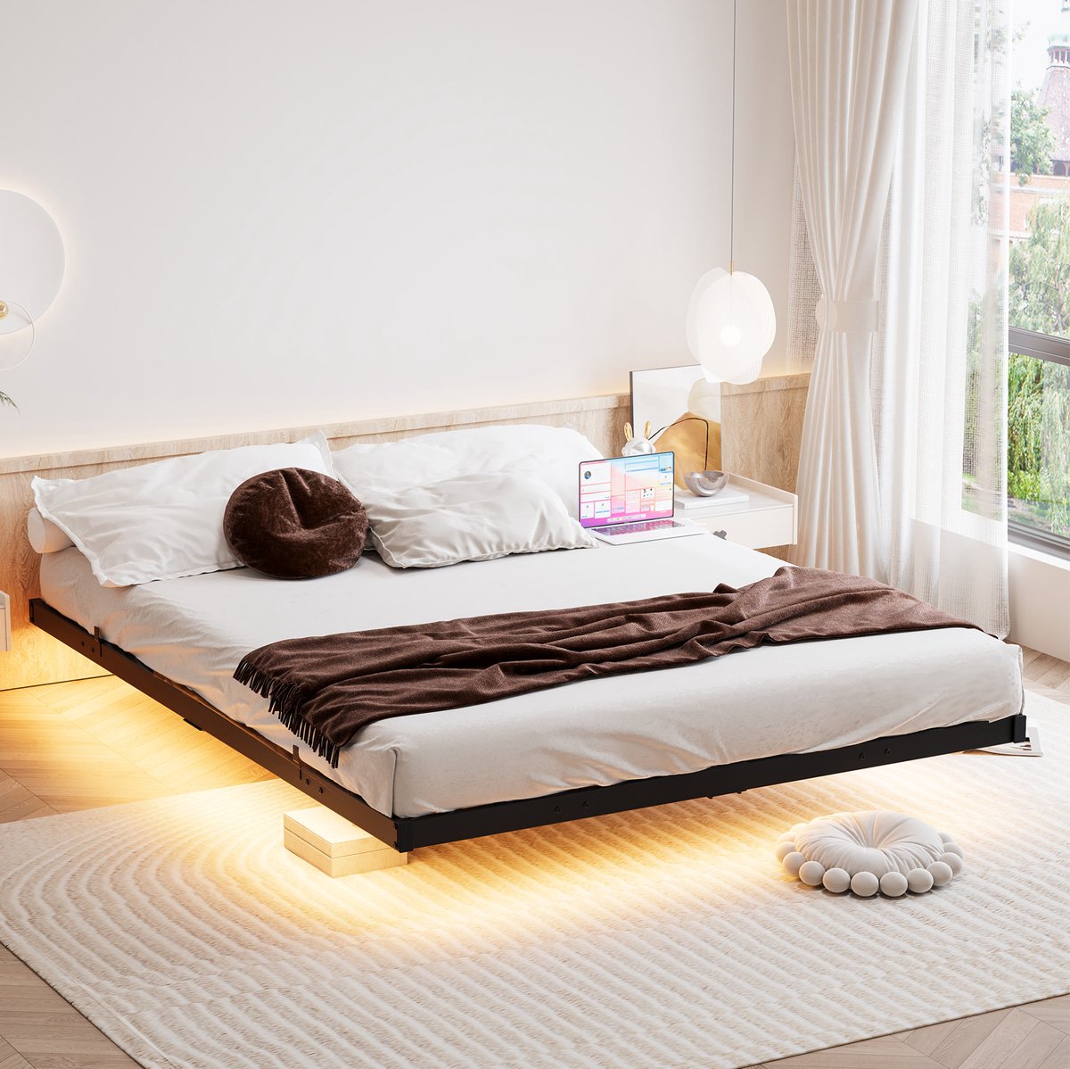 COVREO Bed 140x190 cm zwart metaal, LED verlichting en laadstation