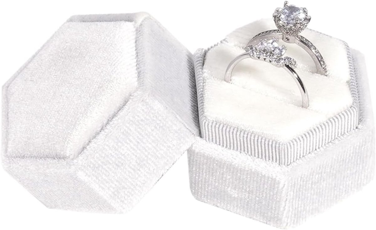 Elegante Hexagonale Ringdoos voor Trouwen, Verlovingen en Valentijnsdag - Witte Ringdoos voor Sieraden