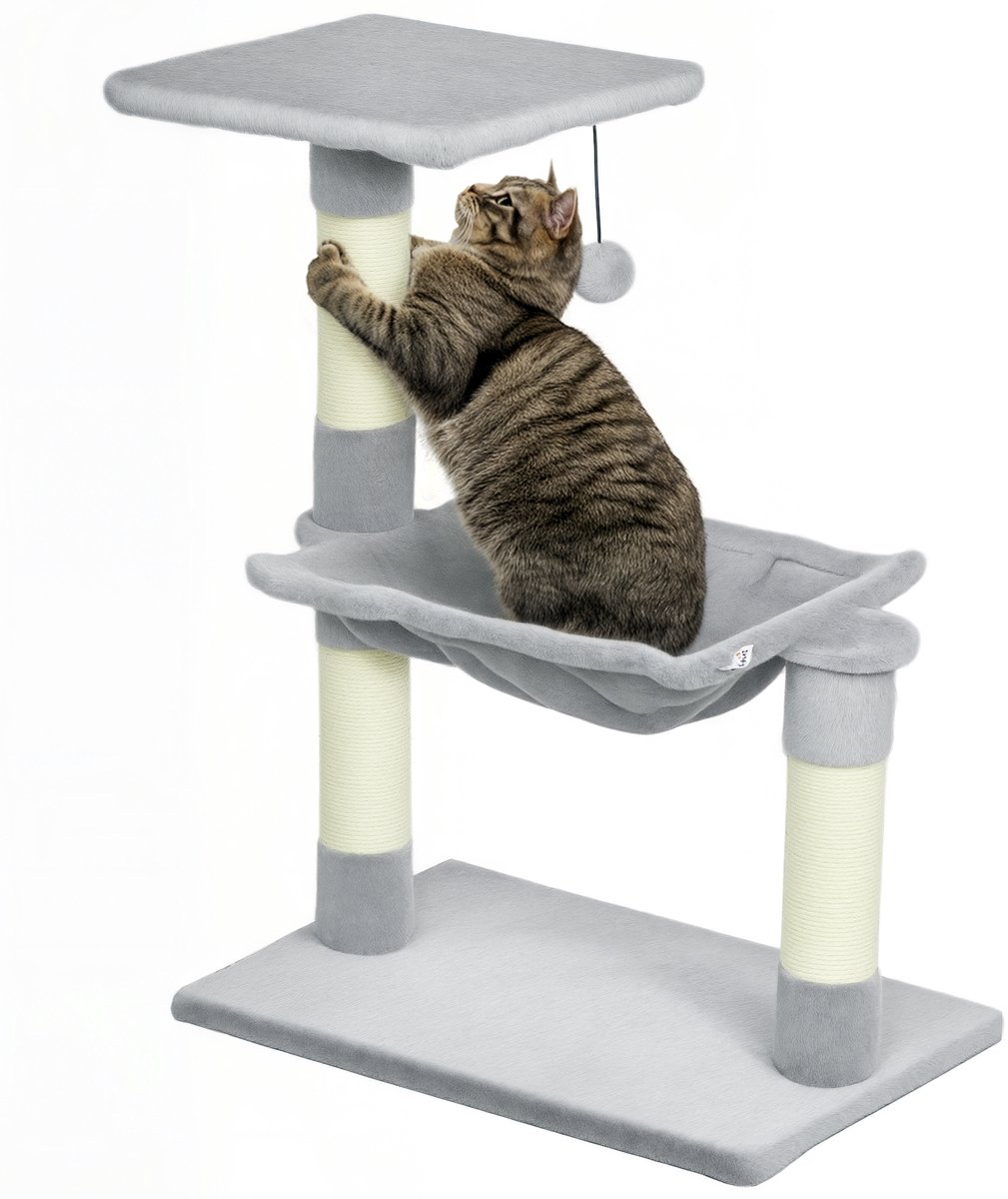 Kattenklimstructuur met 3 krabplanken van natuurlijk jute, een platform, een hangmat en hangende balletjes — 50 x 26 x 70 cm — kortpluizig materiaal — grijs